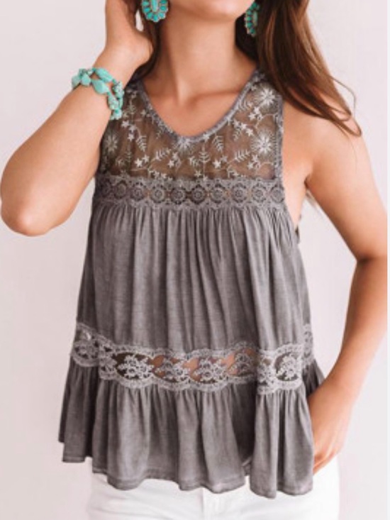 POL Tops - POL Lace-Trim Tank Top - Gray